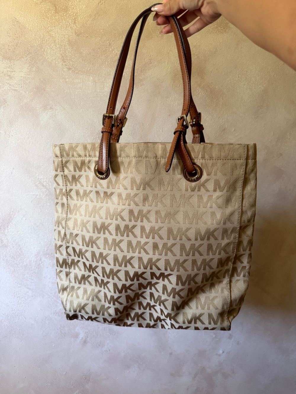 Michael Kors Tan Monogram Tote with Brown Leather Handles - Picture 5 of 7